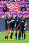 The United States forward Christen Press, second from left, is congratulated by teammates Lindsey Horan, left, Alex Morgan, and Crystal Dunn (19) after Press scored a goal during the first half of a SheBelieves Cup women's soccer match against Brazil, Sunday, Feb. 21, 2021, in Orlando, Fla. (AP Photo/Phelan M. Ebenhack)