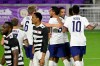 The United States forward Jesus Ferreira (9) is congratulated by teammates after scoring a goal during the first half of an international friendly soccer match against Trinidad and Tobago, Sunday, Jan. 31, 2021, in Orlando, Fla. (AP Photo/Phelan M. Ebenhack)