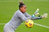 Brazil goalkeeper Barbara blocks a shot during the second half of a SheBelieves Cup women's soccer match against Canada, Wednesday, Feb. 24, 2021, in Orlando, Fla. (AP Photo/Phelan M. Ebenhack)