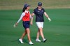 Celine Boutier, left, of France, and Annika Sorenstam, of Sweden, chat while walking down the 17th fairway during the final round of the Tournament of Champions LPGA golf tournament, Sunday, Jan. 24, 2021, in Lake Buena Vista, Fla. (AP Photo/Phelan M. Ebenhack)