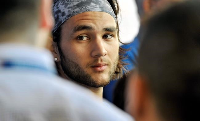 Toronto Blue Jays infielder Bo Bichette talks to the media at the team's spring training facilities in Dunedin, Fla., Saturday, Feb. 15, 2020. THE CANADIAN PRESS/Steve Nesius