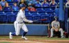 Toronto Blue Jays' Randal Grichuk watches his three-run double off Los Angeles Angels' Jose Quintana during the second inning of a baseball game Saturday, April 10, 2021, in Dunedin, Fla. (AP Photo/Steve Nesius)