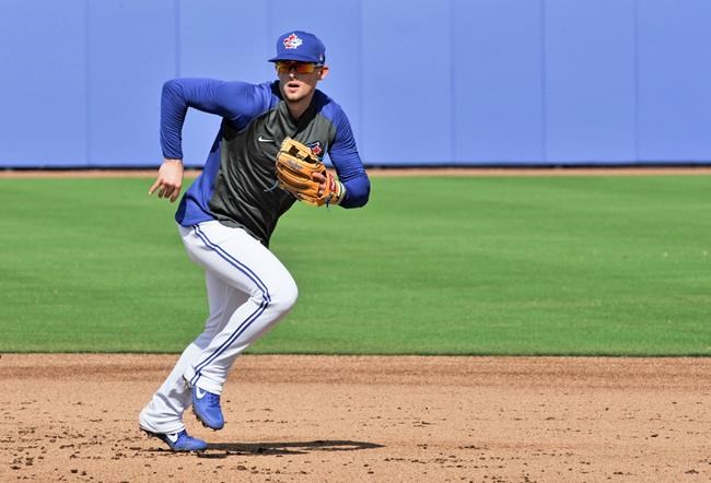 Toronto Blue Jays infielder Cavan Biggio runs to cover second base during full squad workouts at the team's spring training complex in Dunedin, Fla., on Monday, February 17, 2020. THE CANADIAN PRESS/Steve Nesius