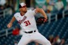 Washington Nationals pitcher Max Scherzer throws during the first inning of a spring training baseball game against the Houston Astros Thursday, Feb. 27, 2020, in West Palm Beach, Fla. (AP Photo/Jeff Roberson)