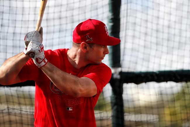 St. Louis Cardinals' Paul Goldschmidt takes his turn in the batting cage during spring training baseball practice Wednesday, Feb. 12, 2020, in Jupiter, Fla. (AP Photo/Jeff Roberson)