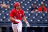 Washington Nationals' Ryan Zimmerman watches his solo home run during the third inning of a spring training baseball game against the Houston Astros Monday, March 1, 2021, in West Palm Beach, Fla. (AP Photo/Jeff Roberson)