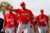 St. Louis Cardinals pitcher Carlos Martinez throws during a spring training baseball drill Wednesday, Feb. 12, 2020, in Jupiter, Fla. (AP Photo/Jeff Roberson)
