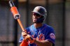 New York Mets' Francisco Lindor holds a bat during spring training baseball practice Tuesday, Feb. 23, 2021, in Port St. Lucie, Fla. (AP Photo/Jeff Roberson)