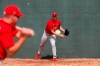 St. Louis Cardinals pitcher Jack Flaherty, right, works on fielding a ball hit back to him by bullpen coach Bryan Eversgerd during spring training baseball practice Sunday, Feb. 16, 2020, in Jupiter, Fla. (AP Photo/Jeff Roberson)