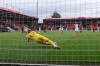 Bournemouth's goalkeeper Aaron Ramsdale saves a penalty during the English Premier League soccer match between Bournemouth and Southampton, at the Vitality Stadium in Bournemouth, England, Sunday, July 19, 2020. (Mike Hewitt/Pool Photo via AP)