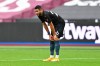 Manchester City's Riyad Mahrez reacts during the English Premier League soccer match between West Ham and Manchester City, at the London Olympic Stadium Saturday, Oct. 24, 2020. (Justin Tellis, Pool via AP)