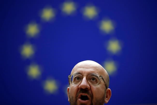 European Council President Charles Michel addresses European lawmakers during a plenary session on the inauguration of the new President of the United States and the current political situation, at the European Parliament in Brussels, Wednesday, Jan. 20, 2021. (AP Photo/Francisco Seco, Pool)