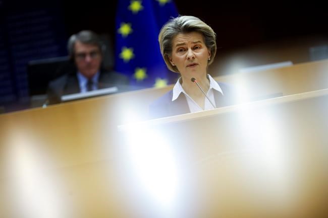 European Commission President Ursula Von Der Leyen addresses European lawmakers during a plenary session on the inauguration of the new President of the United States and the current political situation, at the European Parliament in Brussels, Wednesday, Jan. 20, 2021. (AP Photo/Francisco Seco, Pool)