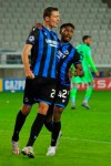 Brugge's Hans Vanaken, left, celebrates with teammate Brugge's Emmanuel Bonaventure after scoring his side's first goal during the Champions League Group F soccer match between Brugge and Lazio at the Jan Breydel stadium in Bruges, Belgium, Wednesday, Oct. 28, 2020. (AP Photo/ Olivier Matthys)