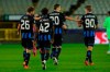 Brugge's Hans Vanaken, center, celebrates with teammates after scoring his side's first goal during the Champions League Group F soccer match between Brugge and Lazio at the Jan Breydel stadium in Bruges, Belgium, Wednesday, Oct. 28, 2020. Vanaken scored an equaliser goal and the match ended in a 1-1 draw. (AP Photo/ Olivier Matthys)