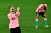 Barcelona's Lionel Messi gestures during the Spanish La Liga soccer match between Alaves and Barcelona at Mendizorroza stadium in Vitoria, Spain, Saturday, Oct. 31, 2020. (AP Photo/Alvaro Barrientos)