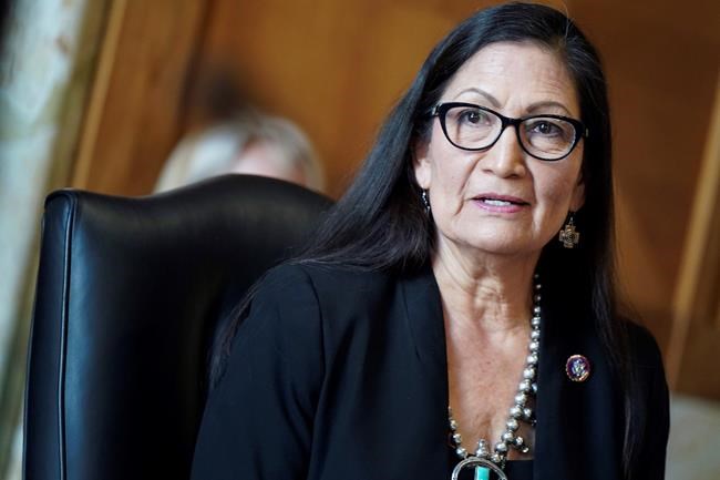FILE - In this Wednesday, Feb. 24, 2021, file photo, then-Rep. Debra Haaland, D-N.M., testifies before a Senate Committee on Energy and Natural Resources hearing on her nomination to be secretary of the interior, on Capitol Hill in Washington. Haaland, a former two-term New Mexico congresswoman, said she is committed to