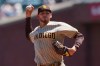 San Diego Padres' Joe Musgrove pitches against the San Francisco Giants during the first inning of a baseball game in San Francisco, Saturday, May 8, 2021. (AP Photo/Jeff Chiu)