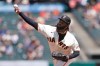 San Francisco Giants' Johnny Cueto pitches against the San Diego Padres during the first inning of a baseball game in San Francisco, Sunday, May 9, 2021. (AP Photo/Jeff Chiu)