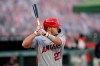 Los Angeles Angels' Mike Trout bats against the San Francisco Giants during the first inning of a baseball game in San Francisco, Wednesday, Aug. 19, 2020. (AP Photo/Jeff Chiu)