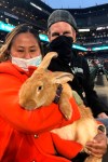 Kei Kato, left, and her fiance, Josh Row, hold a therapy bunny named Alex during a baseball game between the San Francisco Giants and the Miami Marlins in San Francisco, Thursday, April 22, 2021. (AP Photo/Janie McCauley)