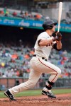 San Francisco Giants' Jason Vosler hits a single against the Miami Marlins during the fifth inning of a baseball game in San Francisco, Sunday, April 25, 2021. (AP Photo/Jeff Chiu)