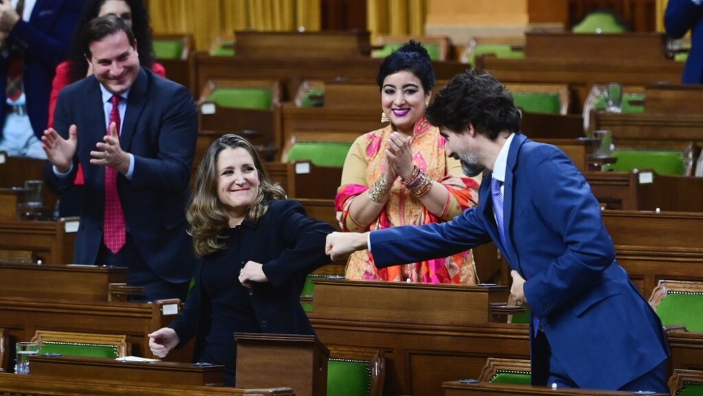 THE CANADIAN PRESS
Minister of Finance Chrystia Freeland gets a fist bump from Prime Minister Justin Trudeau after delivering the 2020 fiscal update on Monday. (Sean Kilpatrick / The Canadian Press files)