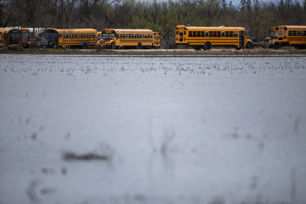 School buses parked in a lot surrounded on three sides by flood watersalong Provincial Road 200 south of Winnipeg on Saturday. (Daniel Crump / Winnipeg Free Press)