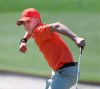 Finn Burkholder, The Woodlands, Texas, gives a big fist pump reacting to sinking his putt on the 18th green during the Drive, Chip, and Putt Championship at Augusta National Golf Club on Sunday, April 4, 2021, Augusta, Ga. (Curtis Compton/Atlanta Journal-Constitution via AP)