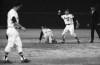 FILE - In this April 12, 1966, file photo, Atlants Braves second baseman Frank Bolling (2) throws the ball against the Pittsburgh Pirates during the first Major League Baseball game in the southeast at Atlanta-Fulton County Stadium. Bolling, a two-time All-Star second baseman and the last player to hit a grand slam off Sandy Koufax, has died. He was 88. Bolling died Saturday, July 11, 2020. (Marion Crowe/Atlanta Journal-Constitution via AP, File)