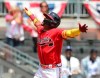 Atlanta Braves' Ronald Acuna reacts on his way home after hitting a two-run home run against the Miami Marlins during the fifth inning of a baseball game Thursday, April 15, 2021, in Atlanta. (Curtis Compton/Atlanta Journal-Constitution via AP)