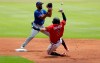New York Mets' Amed Rosario, left, forces out Atlanta Braves' Dansby Swanson (7) at second base in the first inning of a baseball game Sunday, Aug. 2, 2020, in Atlanta. (AP Photo/Brynn Anderson)