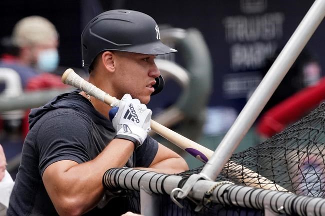 New York Yankees' Aaron Judge waits for his turn to hit during batting practice before a baseball game against the Atlanta Braves Wednesday, Aug. 26, 2020, in Atlanta. (AP Photo/John Bazemore)