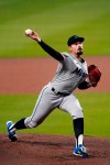 Miami Marlins starting pitcher Pablo Lopez (49) delivers in the first Inning of a baseball game against the Atlanta Braves Thursday, Sept. 24, 2020, in Atlanta. (AP Photo/John Bazemore)