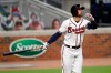 Atlanta Braves Nick Markakis' follows through on a game-winning home run in the ninth inning of a baseball game against the Toronto Blue Jays Thursday, Aug. 6, 2020, in Atlanta. (AP Photo/John Bazemore)