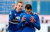 Sampdoria's Antonio Candreva, right, celebrates after scoring on a penalty his side's first goal during the Serie A soccer match between Sampdoria and Inter Milan at the Luigi Ferraris stadium in Genoa, Italy, Wednesday Jan. 6, 2021. (Tano Pecoraro/LaPresse via AP)
