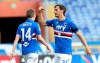 Sampdoria's Manolo Gabbiadini celebrates after socring during the Italian Serie A soccer match between Verona and Sampdoria at the Luigi Ferraris Stadium in Genoa, Italy, Saturday, April 17, 2021. (Tano Pecoraro/LaPresse via AP)