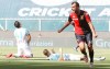 Genoa's Goran Pandev, right, celebrates after scoring his side's opening goal during a Serie A soccer match between Genoa and SPAL at the Luigi Ferraris Stadium in Genoa, Italy, Sunday, July 12, 2020. (Tano Pecoraro/LaPresse via AP)
