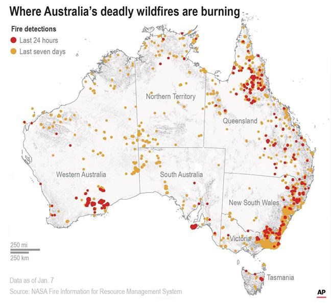Map locates detected fires in Australia over the last 24 hours and last 7 days;