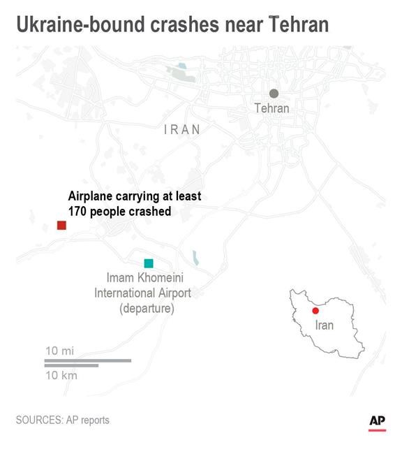 Map shows Ukraine-bound airplane crash near Tehran, Iran; 2c x 4 inches; 96.3 mm x 101 mm;
