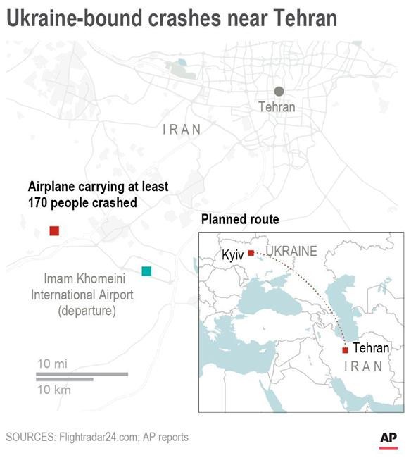 Map shows Ukraine-bound airplane crash near Tehran, Iran.;