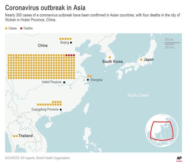 Map shows coronavirus outbreak cases in Asia; 2c x 4 1/2 inches; 96.3 mm x 114 mm;