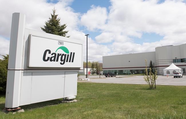A Cargill meat processing plant is shown in Chambly, Que., south of Montreal, Sunday, May 10, 2020. The plant is closing temporarily after at least 64 workers tested positive for COVID-19. THE CANADIAN PRESS/Graham Hughes