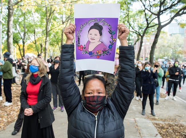 People take part in a protest called ‘Justice for Joyce’ in Montreal, Saturday, October 3, 2020, where they demanded Justice for Joyce Echaquan and an end to all systemic racism. THE CANADIAN PRESS/Graham Hughes
