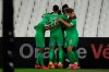 Saint-Etienne's Romain Hamouma celebrates with his teammates after scoring his side's opening goal during the French League One soccer match between Marseille and Saint Etienne at the Stade Velodrome in Marseille, France, Thursday, Sept.17, 2020. (AP Photo/Daniel Cole)