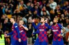 Barcelona's Lionel Messi, second right, celebrates after scoring his side's opening goal from the penalty spot during a Spanish La Liga soccer match between Barcelona and Real Sociedad at the Camp Nou stadium in Barcelona, Spain, Saturday, March 7, 2020. (AP Photo/Joan Monfort)