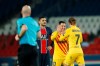 Barcelona's Lionel Messi, second right, celebrates after scoring his side's opening goal with Barcelona's Antoine Griezmann during the Champions League, round of 16, second leg soccer match between Paris Saint-Germain and FC Barcelona at the Parc des Princes stadium in Paris, Wednesday, March 10, 2021. (AP Photo/Christophe Ena)