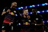 Leipzig's Timo Werner, center, celebrates after scoring his side's opening goal during a first leg, round of 16, Champions League soccer match between Tottenham Hotspur and Leipzig at the Tottenham Hotspur Stadium in London, England, Wednesday Feb. 19, 2020. (AP Photo/Matt Dunham)
