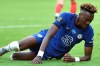 Chelsea's Tammy Abraham reacts after a missed scoring opportunity during the English Premier League soccer match between Sheffield United and Chelsea at Bramall Lane in Sheffield, England, Saturday, July 11, 2020. (Peter Powell/Pool via AP)