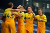 Tottenham's Harry Kane, left, celebrates after scoring his side's opening goal during the English Premier League soccer match between West Bromwich Albion and Tottenham Hotspur at the Hawthorns in West Bromwich, England, Sunday, Nov. 8, 2020. (AP Photo/Dave Thompson, Pool)